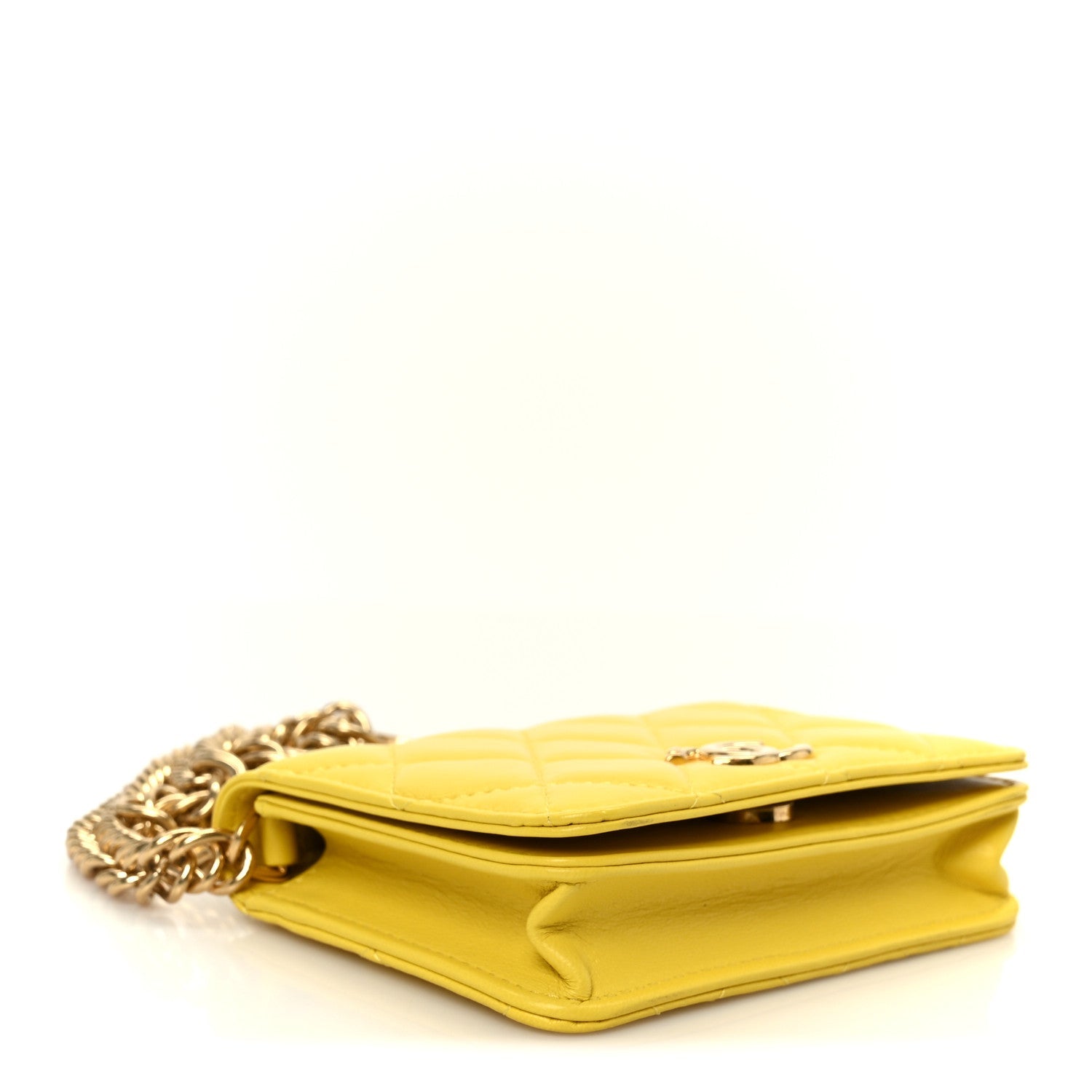 Chanel Lambskin Quilted Enamel Logo Flap Card Holder On Chain Yellow