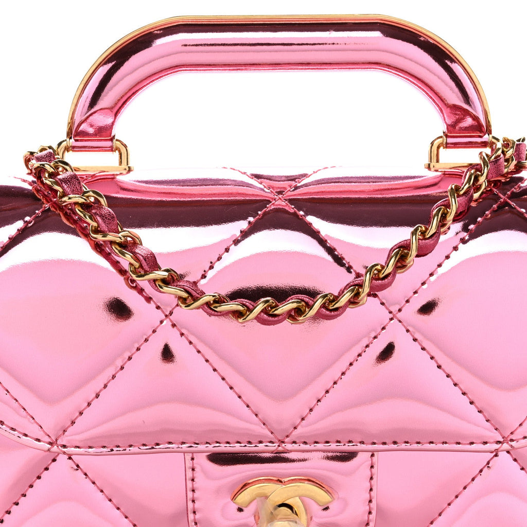 Chanel Mirror Metallic Calfskin Quilted Mini Top Handle Flap Pink