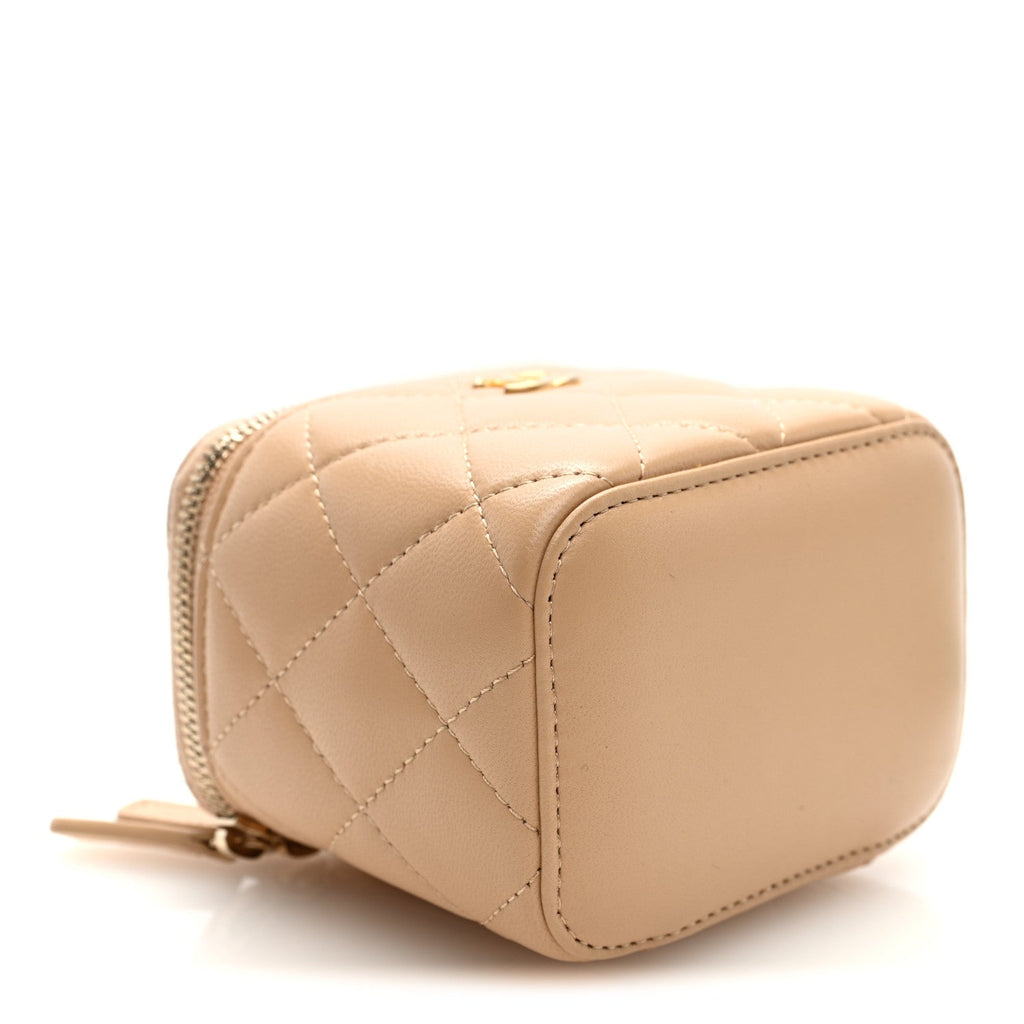Chanel Lambskin Quilted Pearl Crush Mini Vanity Case With Chain Beige