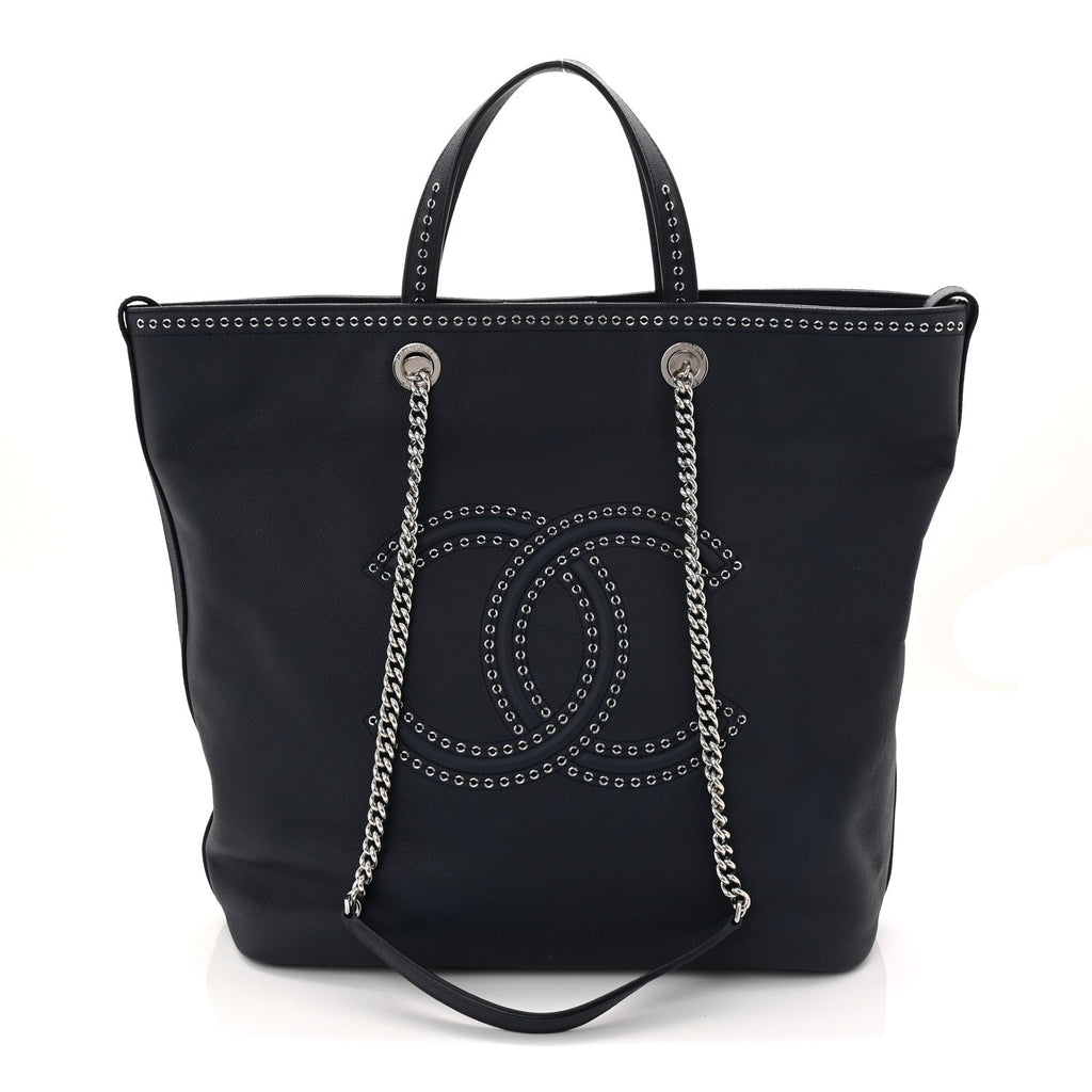 Chanel Calfskin Large Coco Eyelets Shopping Tote Navy
