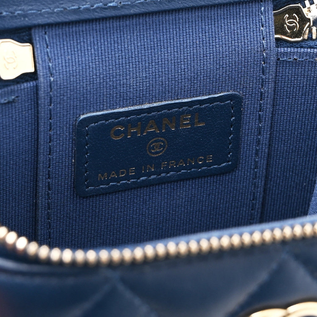 Chanel Lambskin Quilted Top Handle Mini Vanity Case With Chain Blue