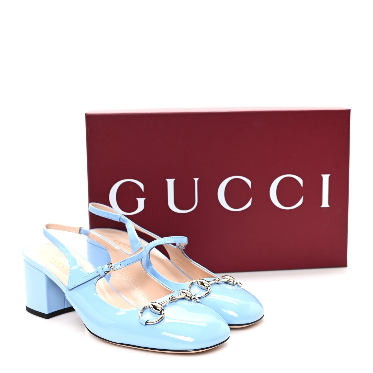 Gucci Vernice Crystal Horsebit Charlotte 42mm Slingback Pumps 37.5 Glacial Blue