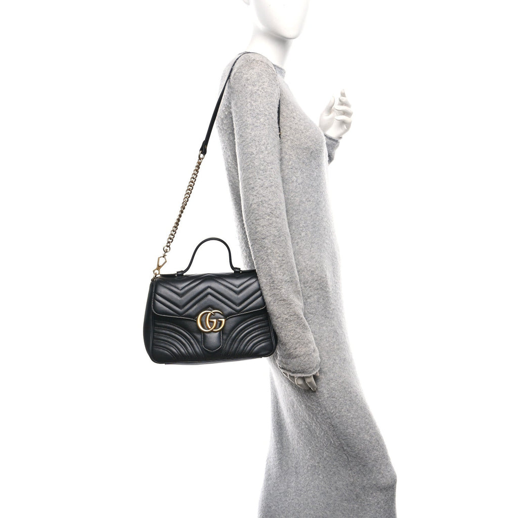 Gucci Calfskin Matelasse Small GG Marmont Top Handle Shoulder Bag Black