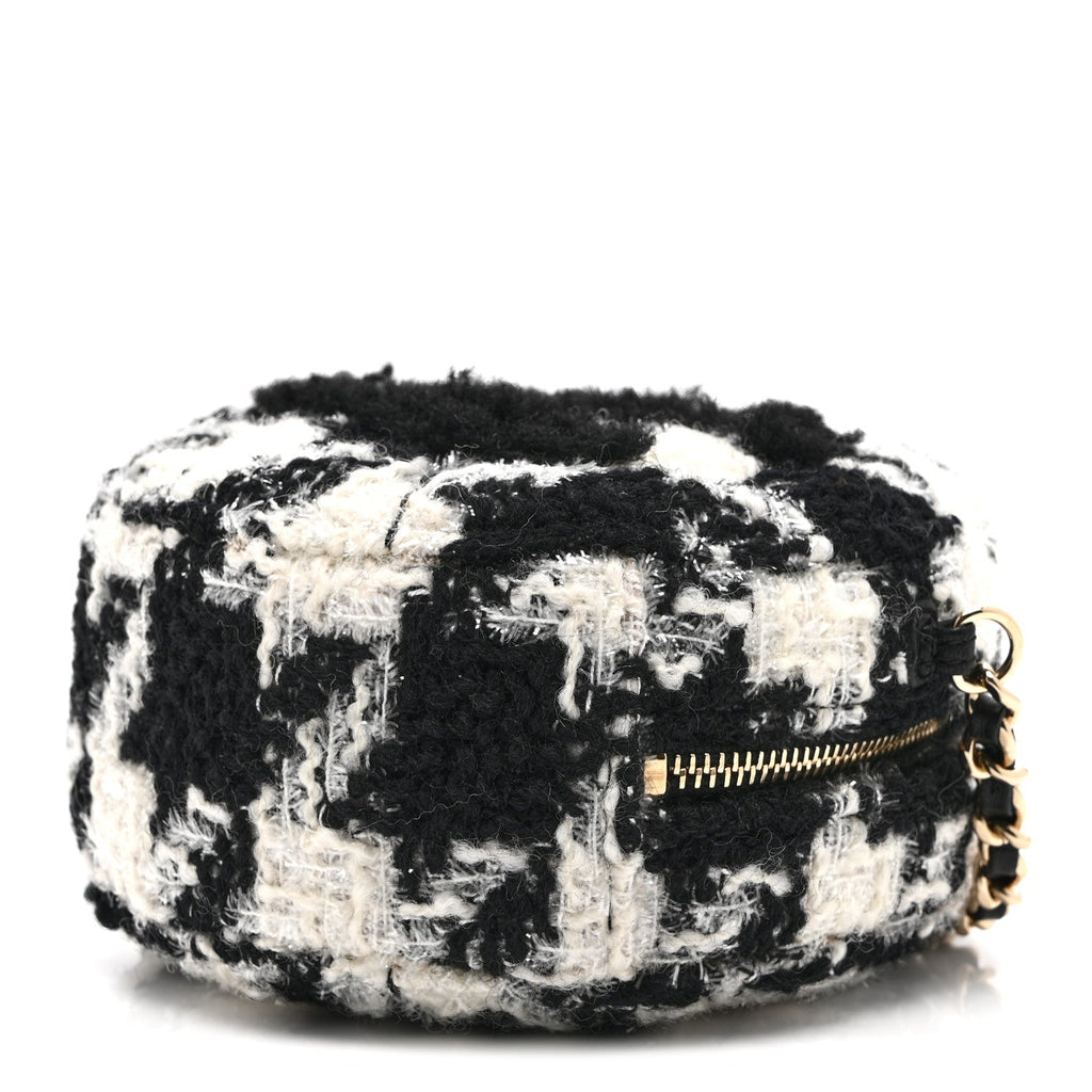Chanel Wool Tweed Lambskin Quilted Round Clutch With Chain and Coin Purse Black White