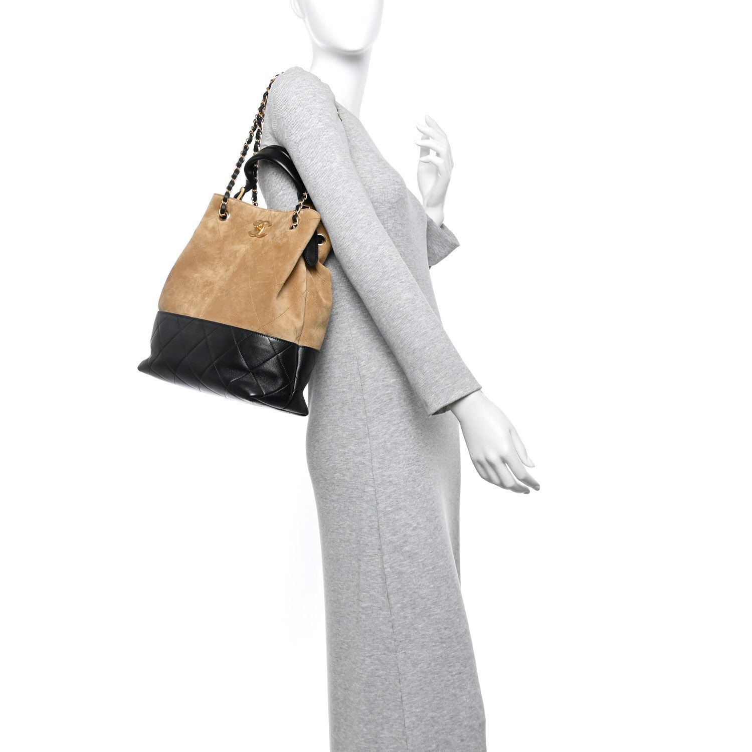Chanel Suede Calfskin Shiny Lambskin Quilted Coco Base Shopping Bag Beige Black