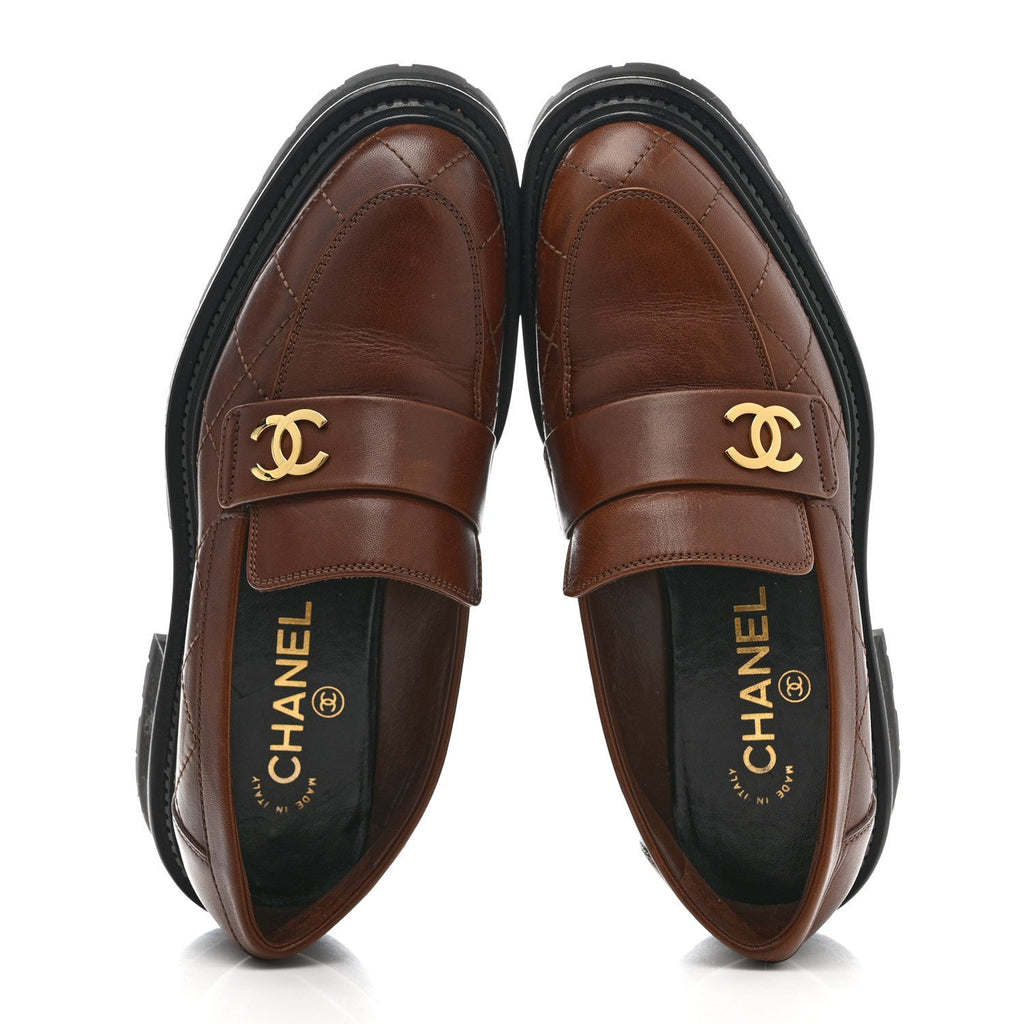 Calfskin Quilted CC Mocassin Loafers 36 Brown