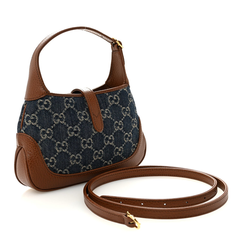 Gucci New Denim GG Monogram Calfskin Mini Jackie 1961 Hobo Blue Tea Cuir