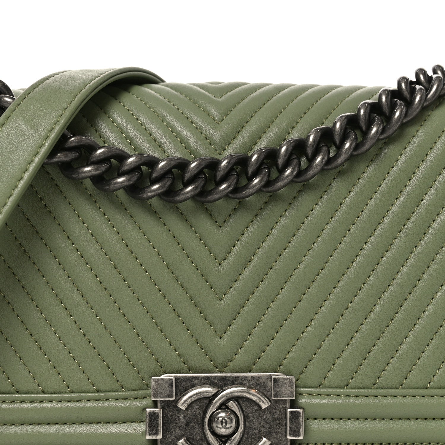Chanel Calfskin Chevron Quilted Medium Boy Flap Green