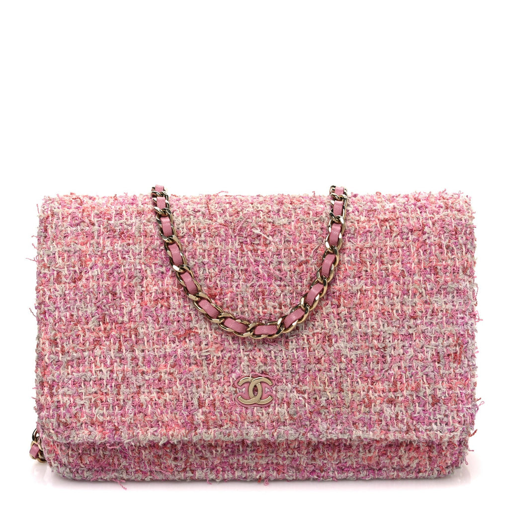 Chanel Tweed Quilted Wallet On Chain WOC Pink