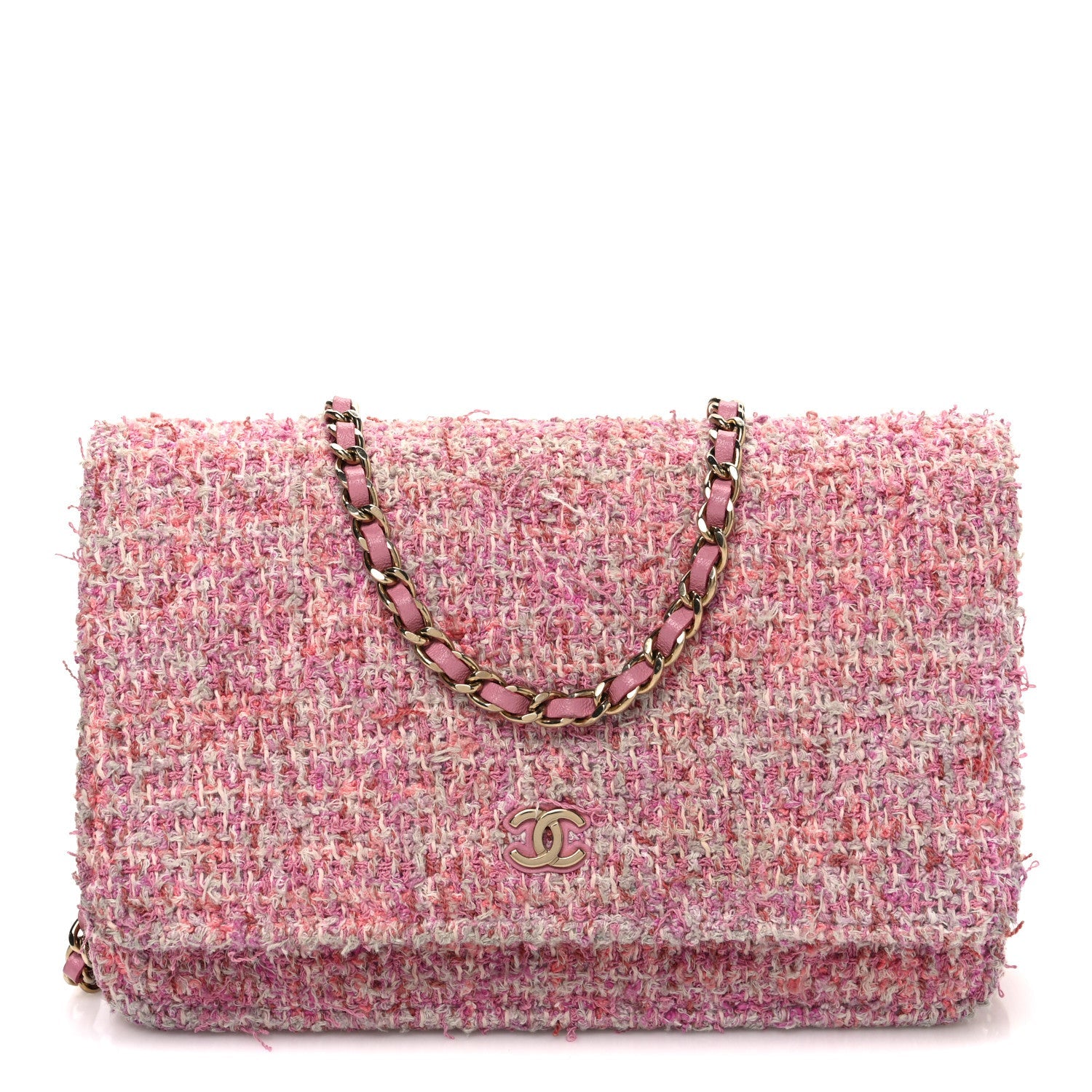 Chanel Tweed Quilted Wallet On Chain WOC Pink
