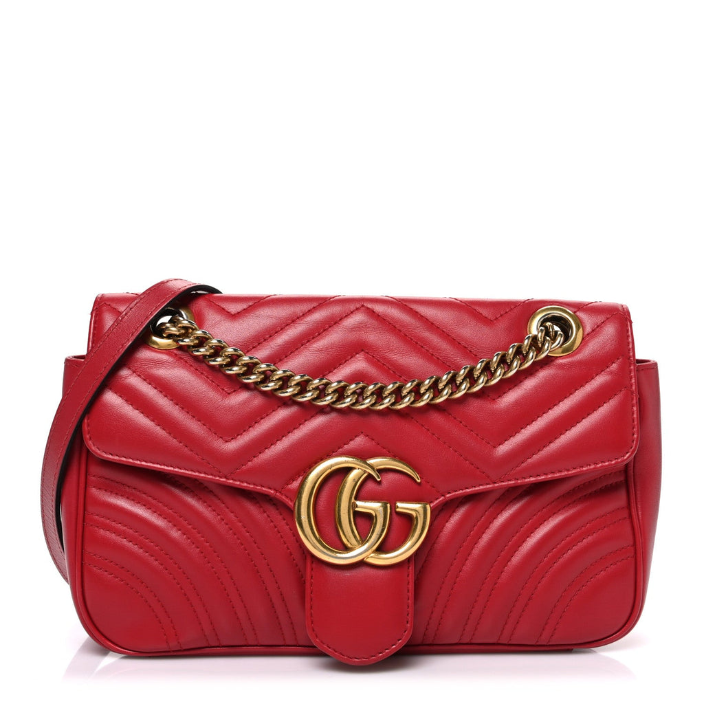 Gucci Calfskin Matelasse Small GG Marmont Shoulder Bag Hibiscus Red