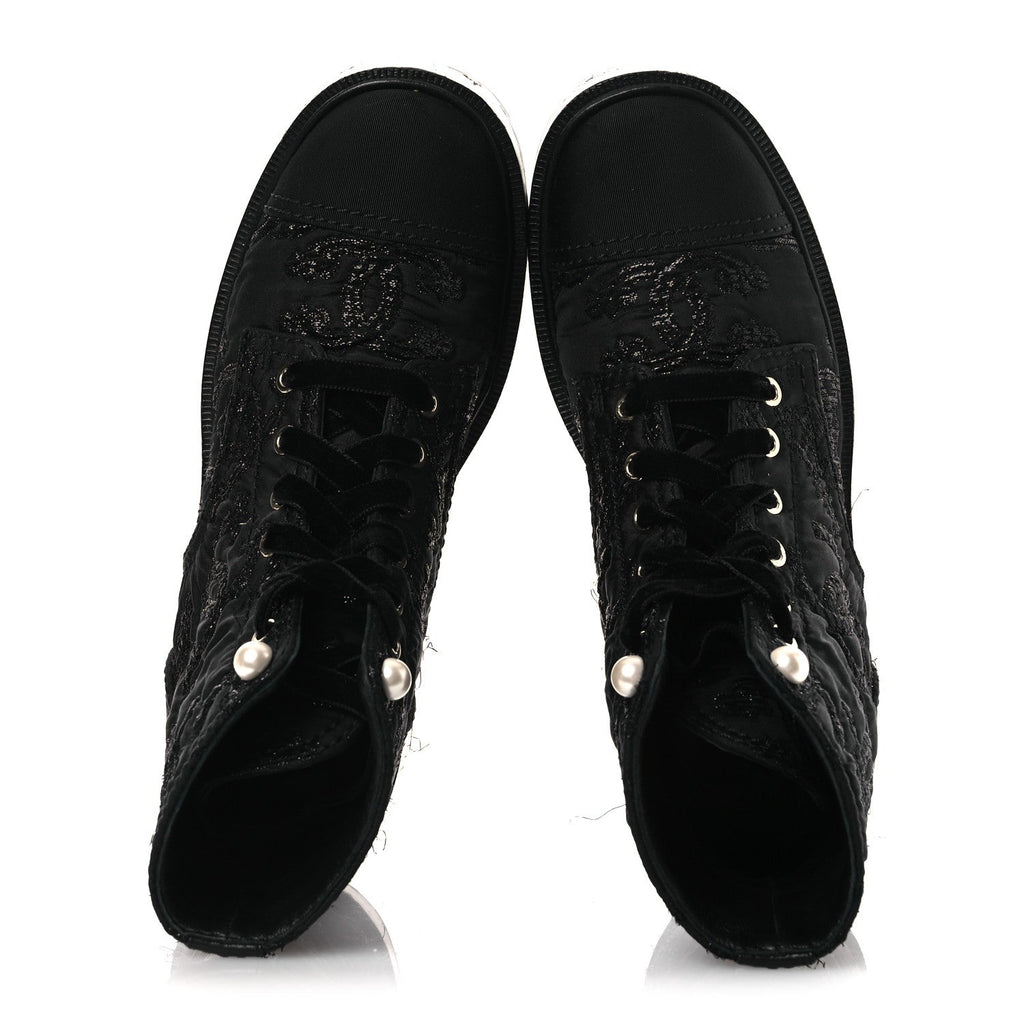 Grosgrain Tweed Pearl CC Combat Short Boots 39 Black