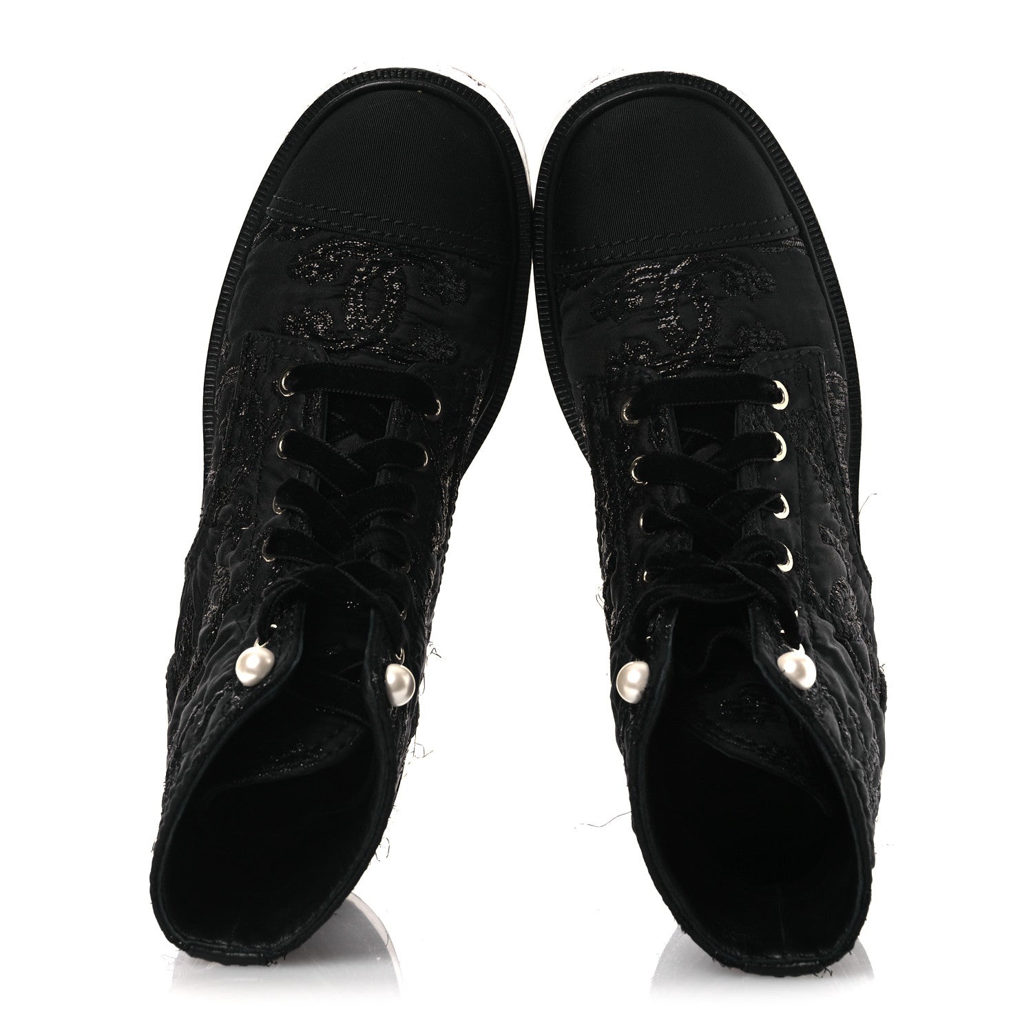 Grosgrain Tweed Pearl CC Combat Short Boots 39 Black