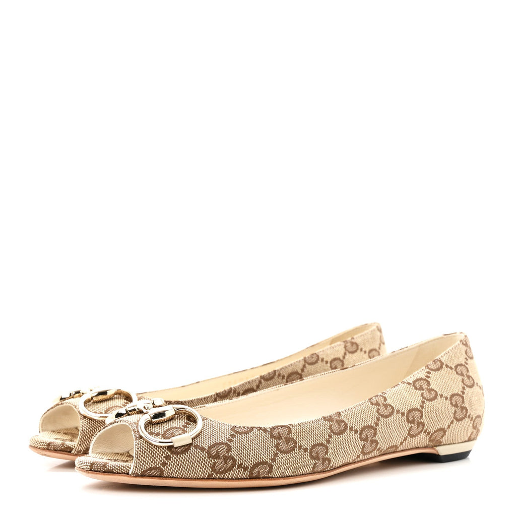 Gucci Monogram Miro Soft Calfskin Womens Horsebit Peep Toe Flats 6 Beige Ebony Mystic White