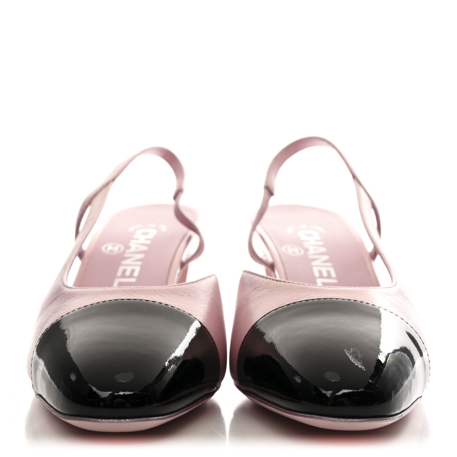 Laminated Lambskin Patent Cap Toe CC Slingback Pumps 37 Light Pink Black