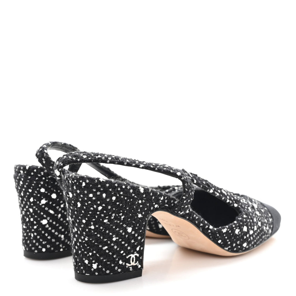 Chanel Tweed Polkadot Grosgrain Cap Toe CC Slingback Pumps 36 Black White Silver