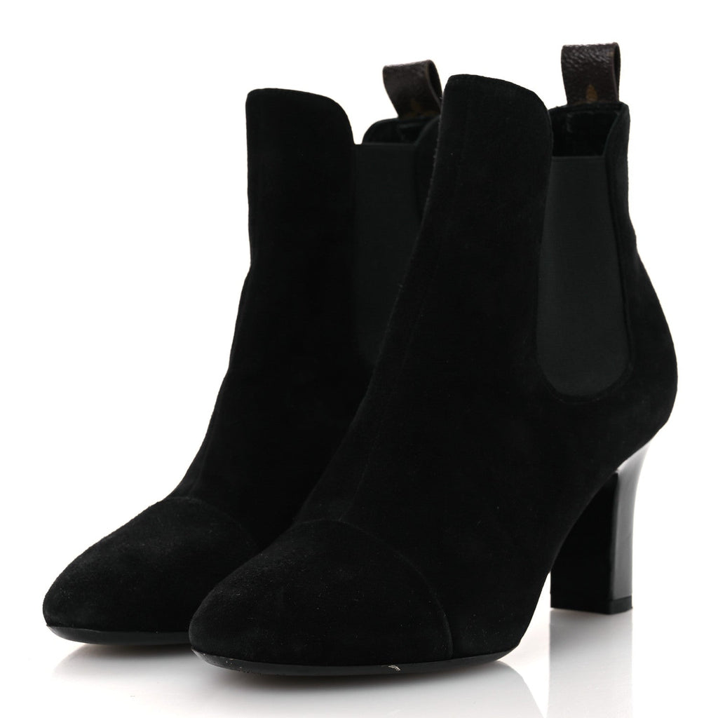 Louis Vuitton Suede Monogram Uniformes Cap Toe Chelsea 75mm Ankle Boots 37.5 Black