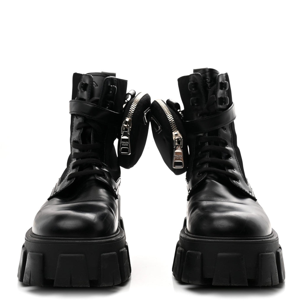 Prada Spazzolato Rois Nylon Metal Triangle Logo Monolith Pouch Pocket 55mm Boots 38 Black