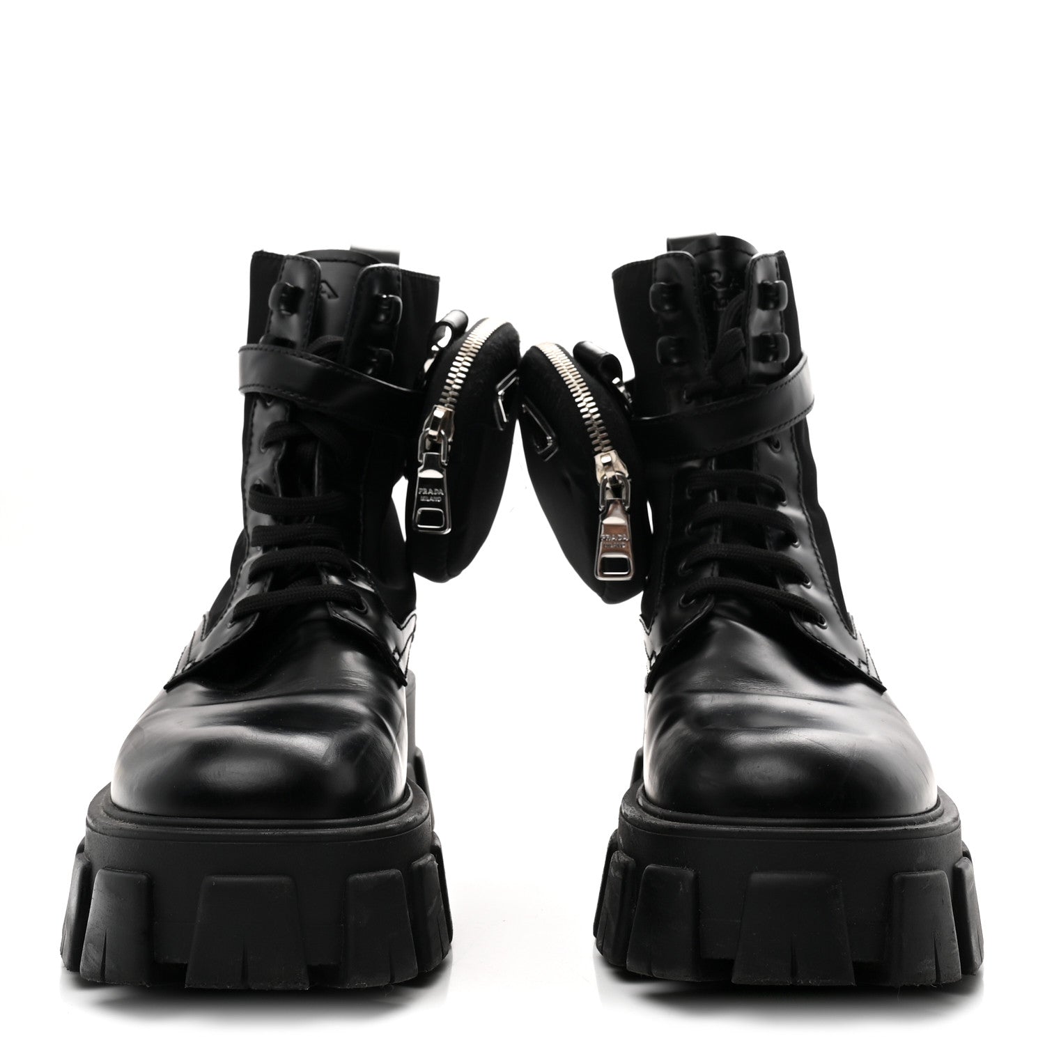 Prada Spazzolato Rois Nylon Metal Triangle Logo Monolith Pouch Pocket 55mm Boots 38 Black