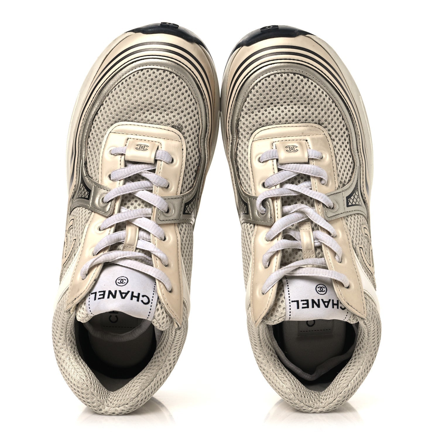 Fabric Laminated Calfskin Stretch CC Womens Sneakers 37 Ivory White Silver