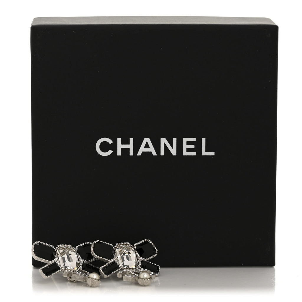 Crystal CC Bow Drop Earrings Silver Black