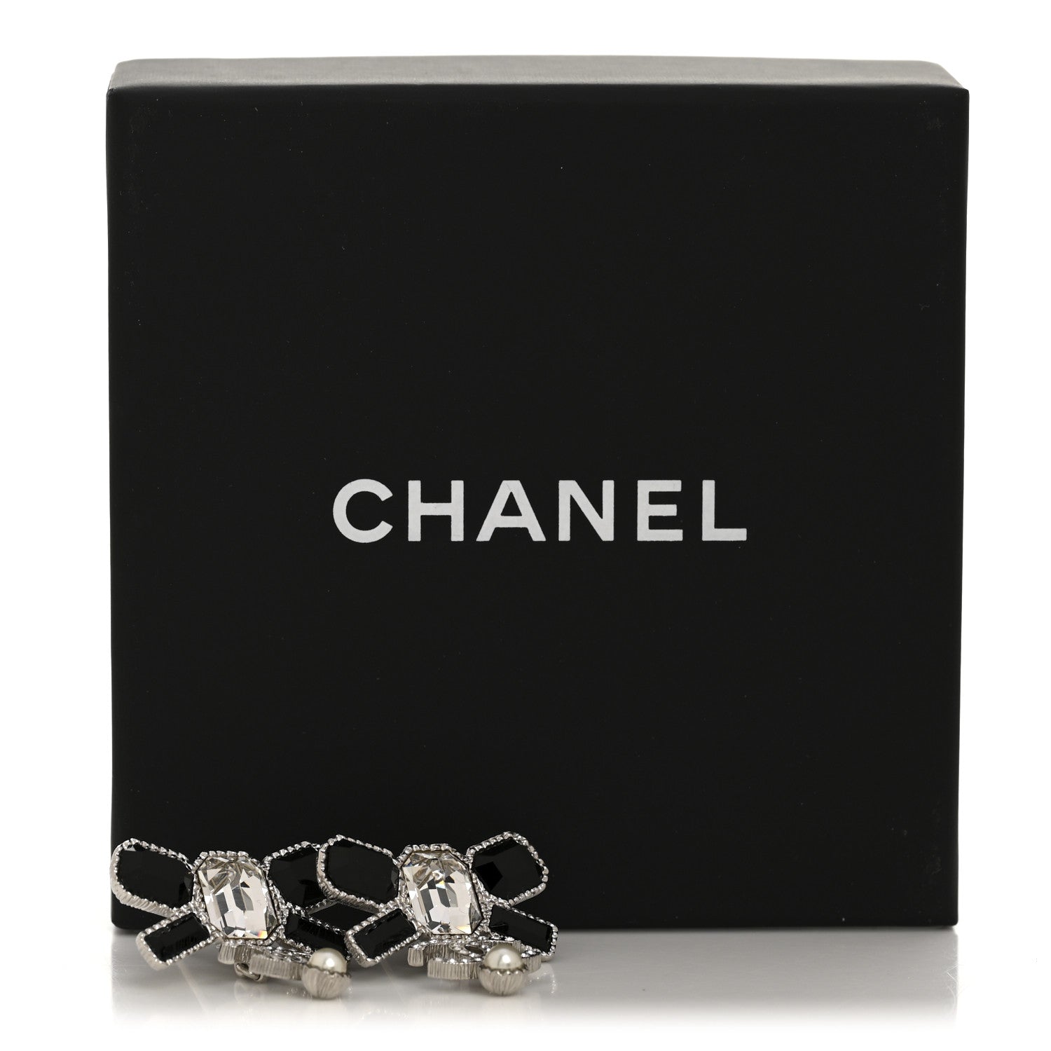 Crystal CC Bow Drop Earrings Silver Black