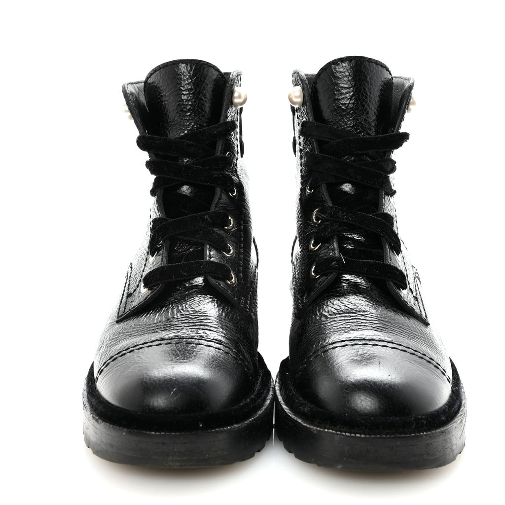 Chanel Shiny Calfskin Velvet Pearl Combat Short Boots 38.5 Black