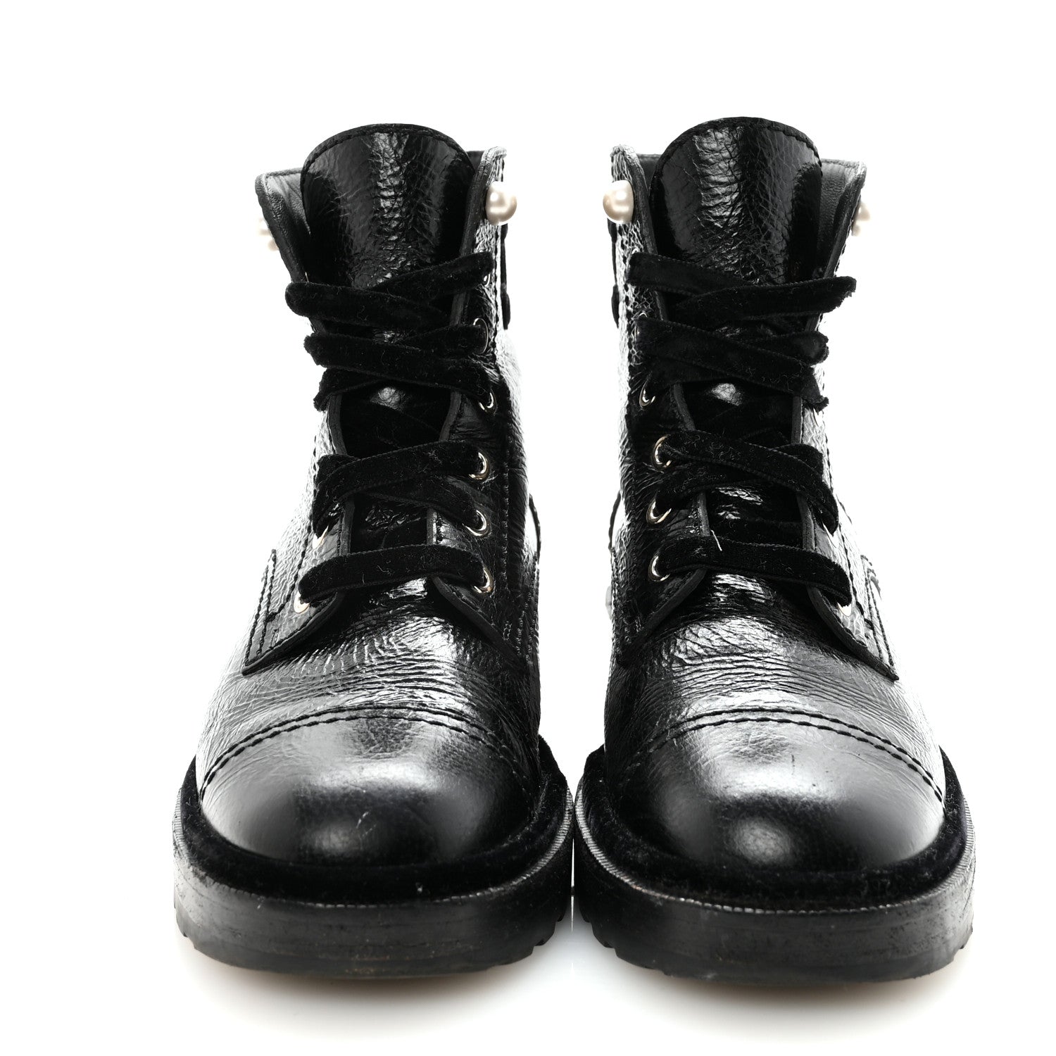 Chanel Shiny Calfskin Velvet Pearl Combat Short Boots 38.5 Black