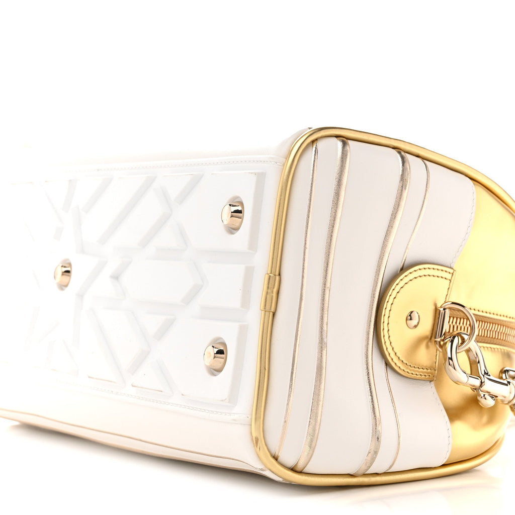 Christian Dior Calfskin Padded Macrocannage Medium Dior Vibe Zip Bowling Bag White Gold