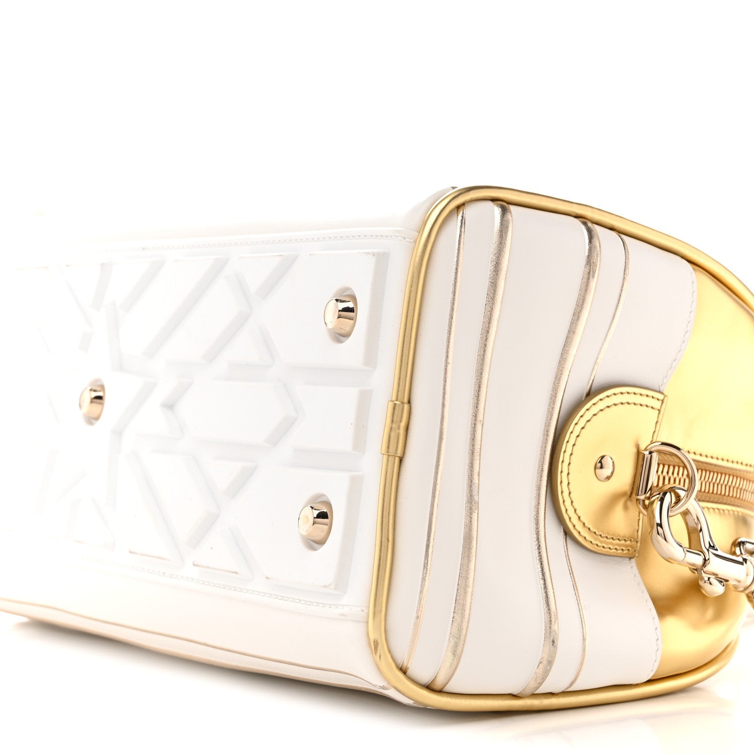 Christian Dior Calfskin Padded Macrocannage Medium Dior Vibe Zip Bowling Bag White Gold