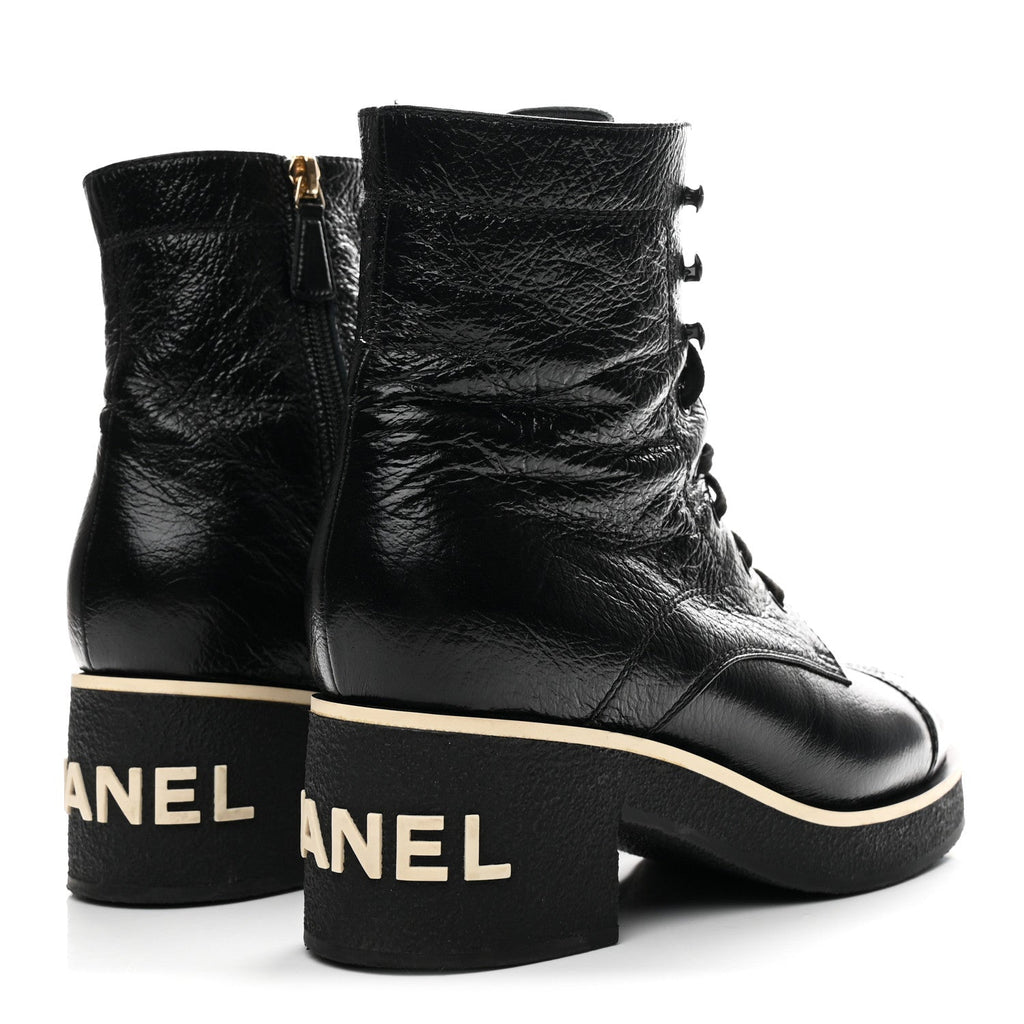 Chanel Shiny Crumpled Lambskin Lace Up Combat Boots 39 Black