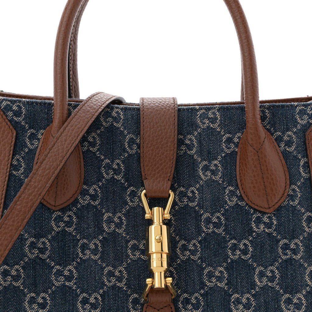Gucci New Denim GG Monogram Dollar Calfskin Medium Jackie 1961 Tote Blue Tea Cuir Epilog