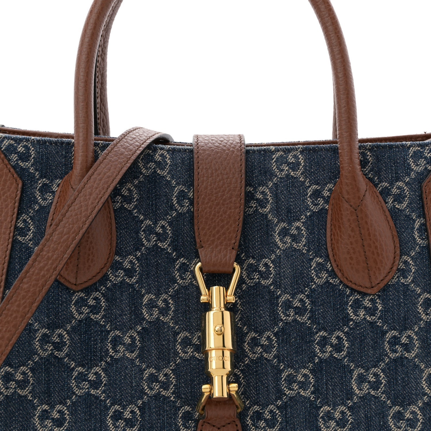 Gucci New Denim GG Monogram Dollar Calfskin Medium Jackie 1961 Tote Blue Tea Cuir Epilog