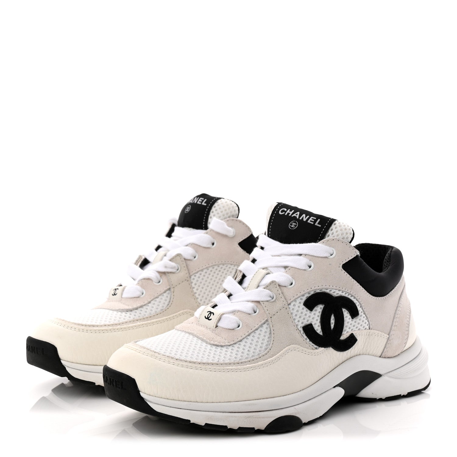 Mesh Suede Calfskin Grained Calfskin Womens CC Sneakers 37.5 White Black