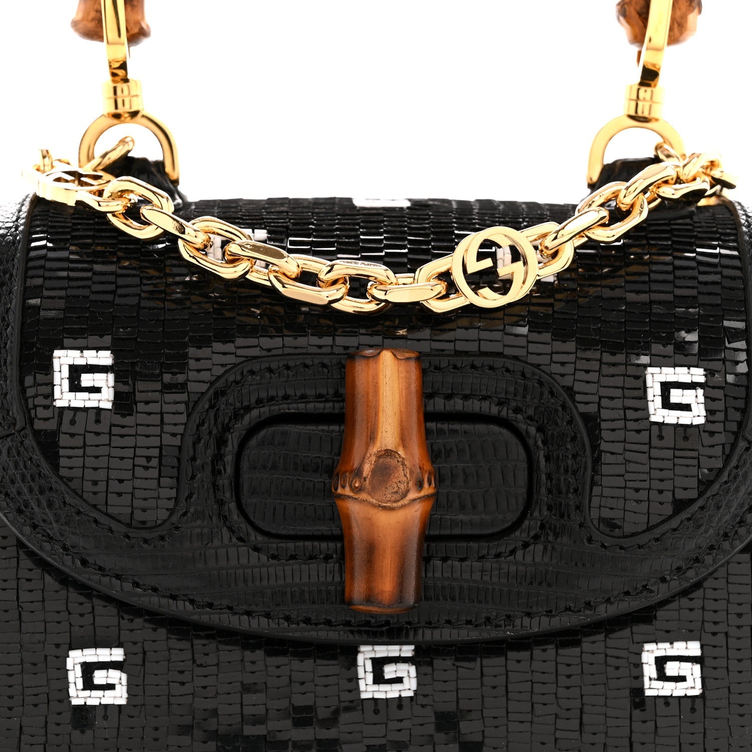 Gucci Sequin Lizard Embossed GG Mini Bamboo 1947 Top Handle Chain Bag Black White