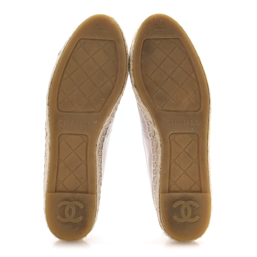 Laminated Lambskin Grosgrain Embroidered CC Espadrilles 36 Pink Silver Black