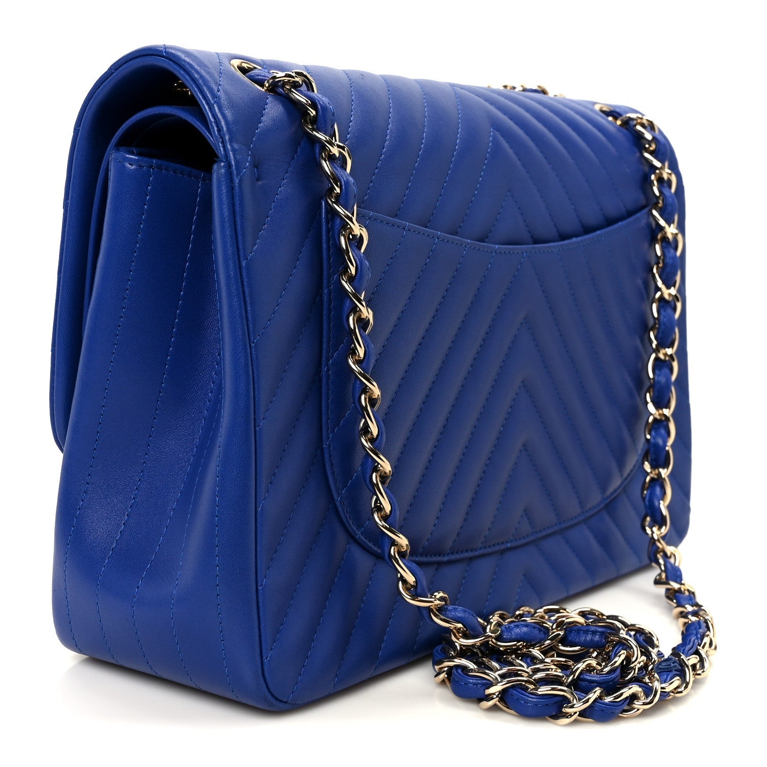 Chanel Lambskin Chevron Quilted Jumbo Double Flap Navy Blue