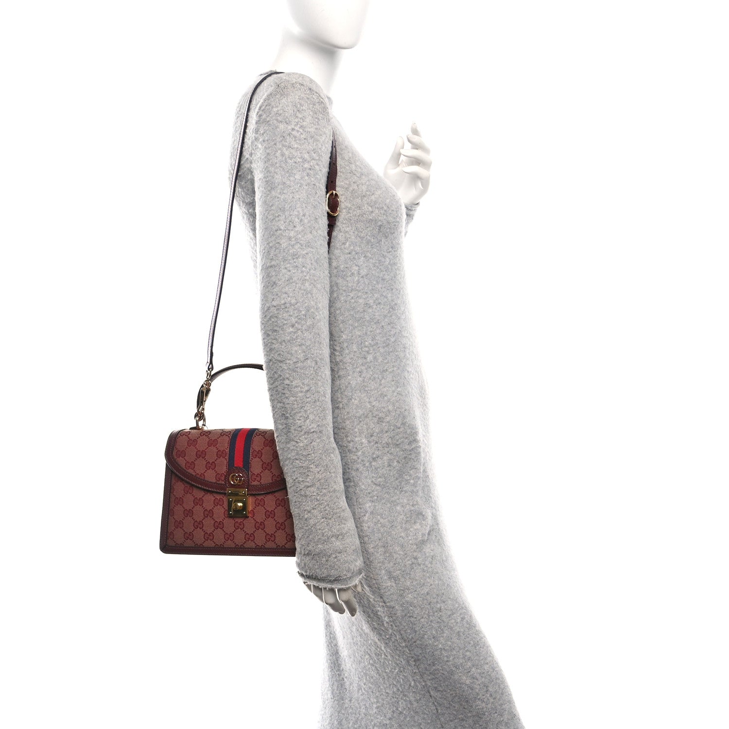 Gucci GG Supreme Monogram Textured Dollar Calfskin Web Small Ophidia Padlock Top Handle Bag Bordeaux