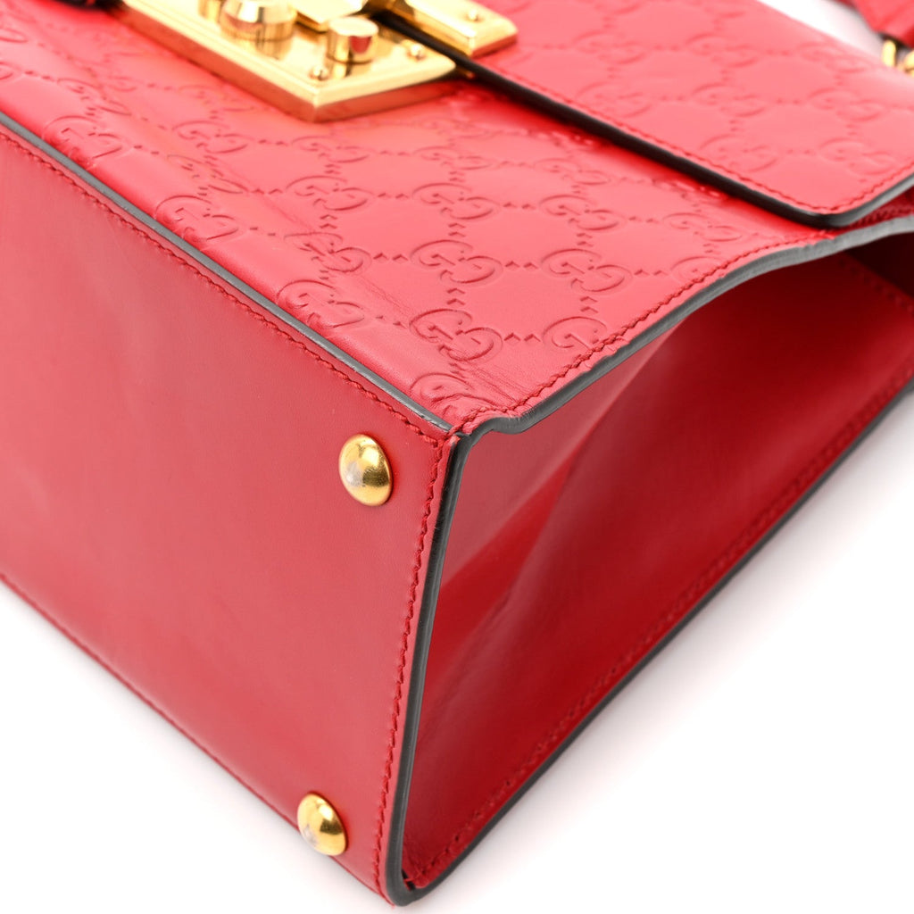 Gucci Guccissima Signature Small Padlock Top Handle Bag Hibiscus Red