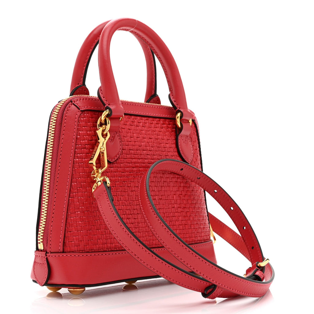 Gucci Straw Azalea Calfskin Woven Mini Horsebit 1955 Top Handle Bag Coral Wave Black