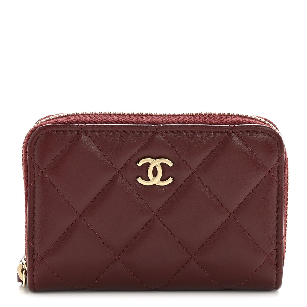 Lambskin Quilted Zip Around Coin Purse Wallet Burgundy