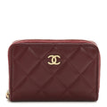 Lambskin Quilted Zip Around Coin Purse Wallet Burgundy