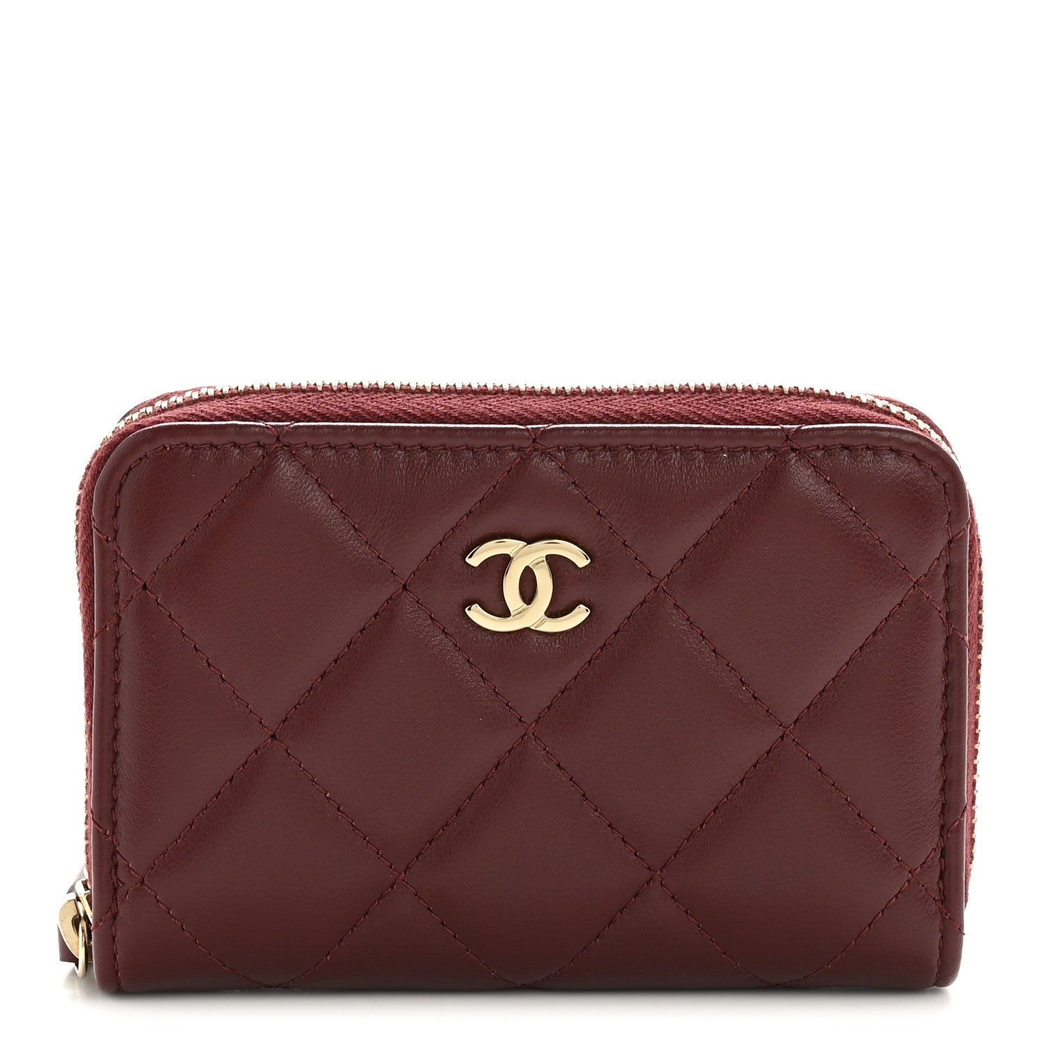 Lambskin Quilted Zip Around Coin Purse Wallet Burgundy