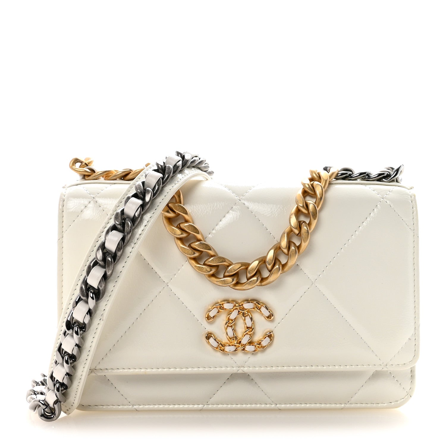 Chanel Shiny Crumpled Calfskin Quilted Chanel 19 Wallet On Chain WOC White