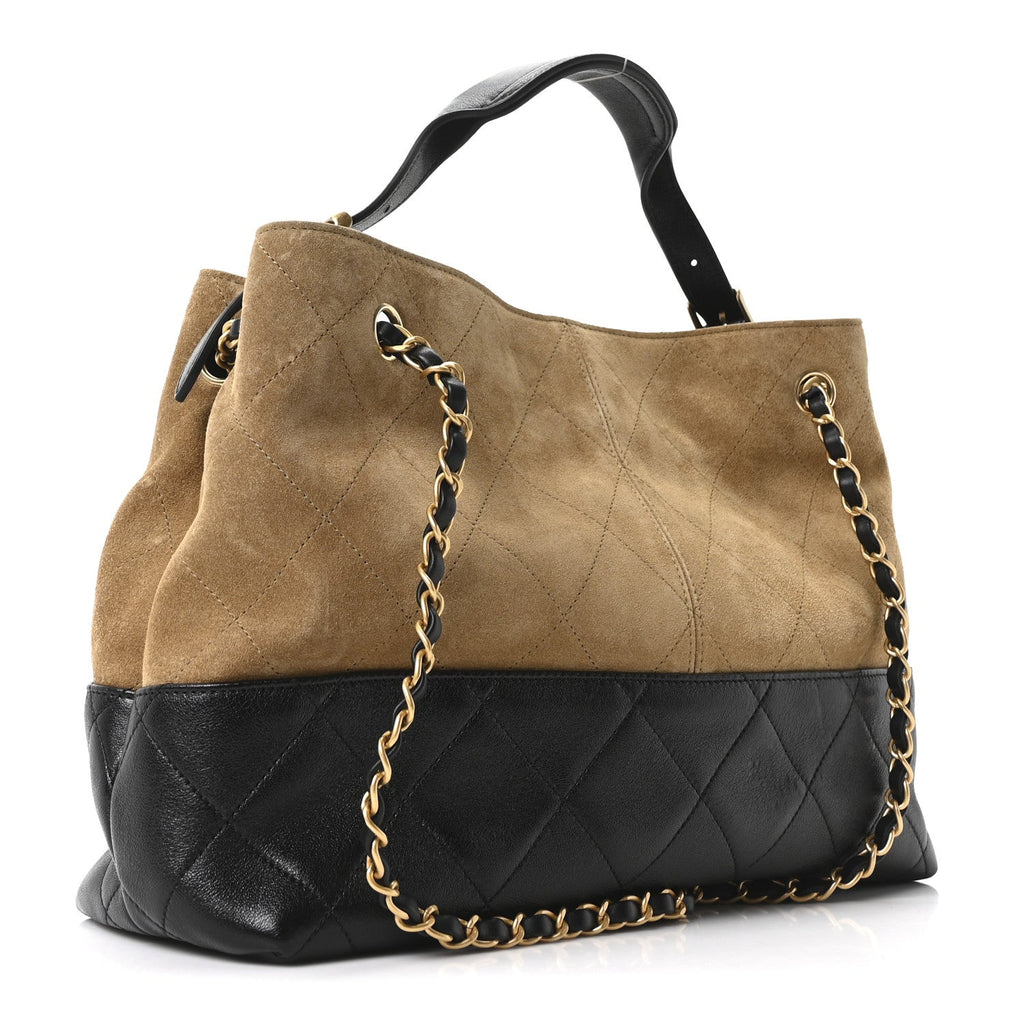Chanel Suede Calfskin Shiny Lambskin Quilted Small Coco Base Shopping Bag Beige Black