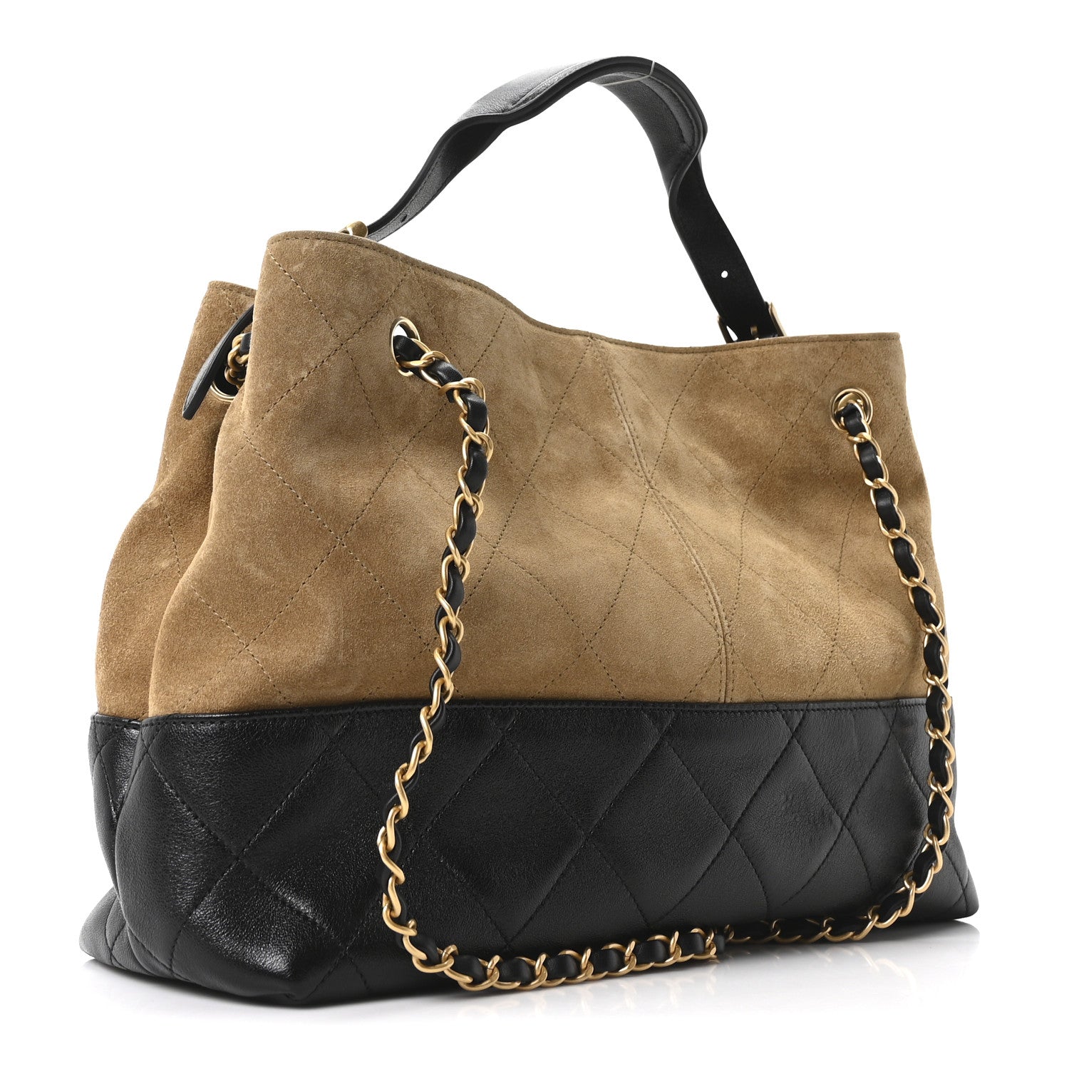 Chanel Suede Calfskin Shiny Lambskin Quilted Small Coco Base Shopping Bag Beige Black