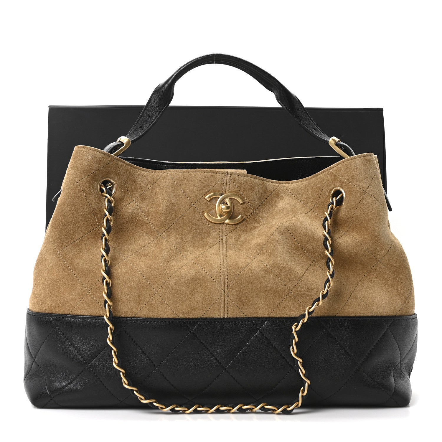 Chanel Suede Calfskin Shiny Lambskin Quilted Small Coco Base Shopping Bag Beige Black