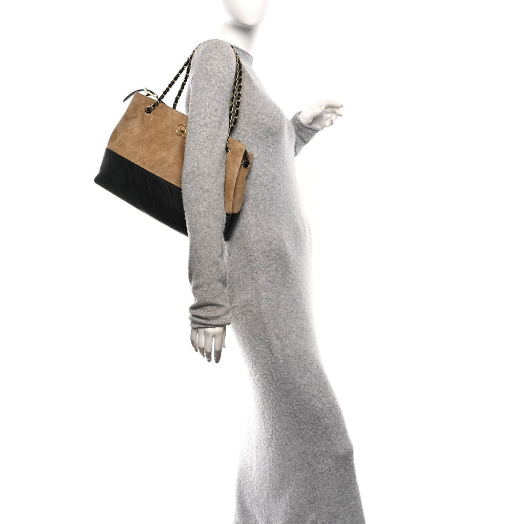 Chanel Suede Calfskin Shiny Lambskin Quilted Small Coco Base Shopping Bag Beige Black