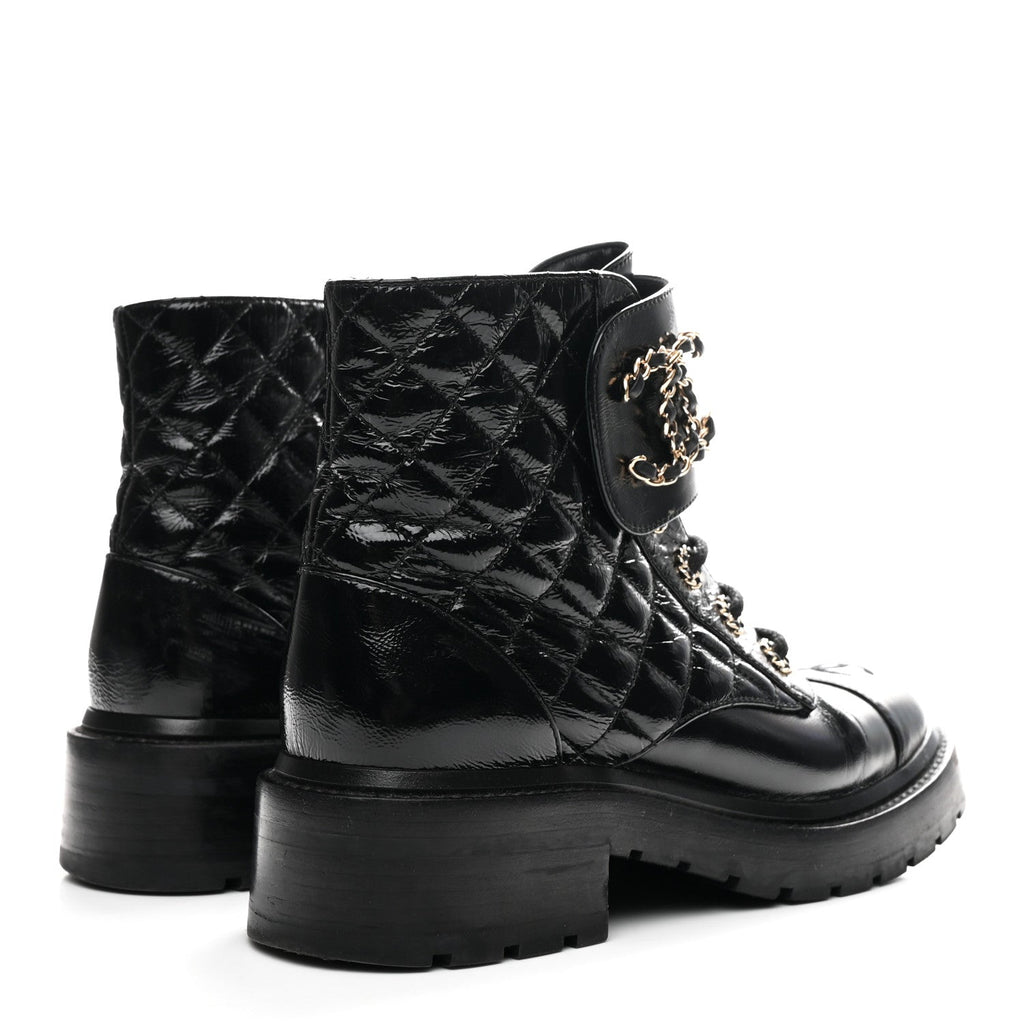 Chanel Shiny Goatskin Calfskin Quilted Lace Up Combat Boots 37 Black