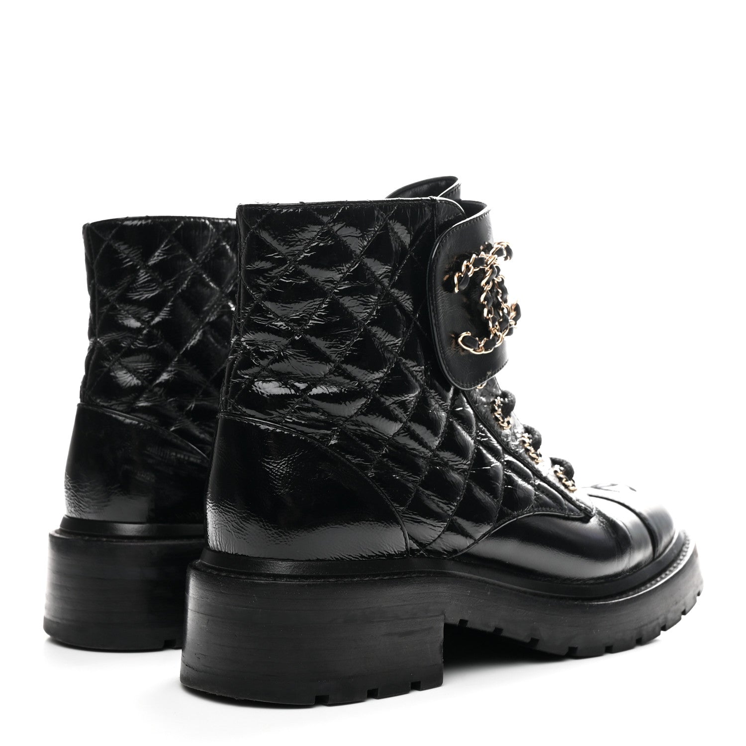 Chanel Shiny Goatskin Calfskin Quilted Lace Up Combat Boots 37 Black